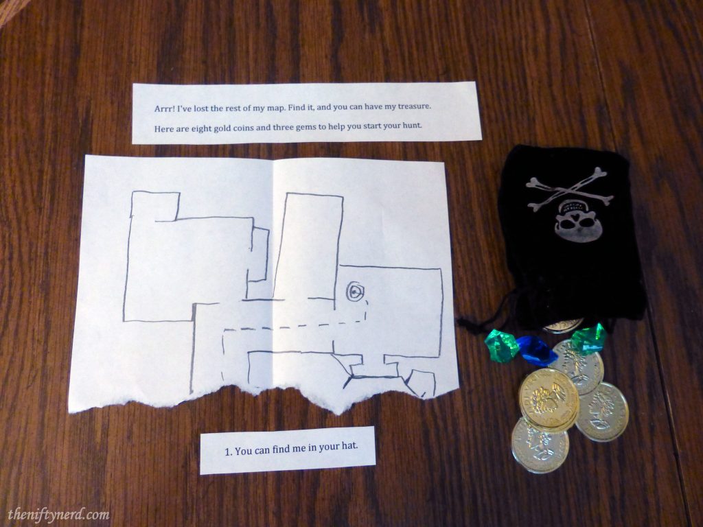 pirate treasure hunt starting clue, map, and money