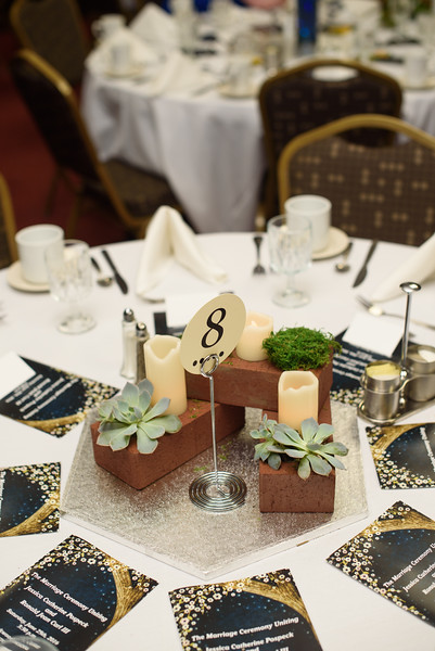 Brick board game centerpiece for Settlers of Catan themed wedding